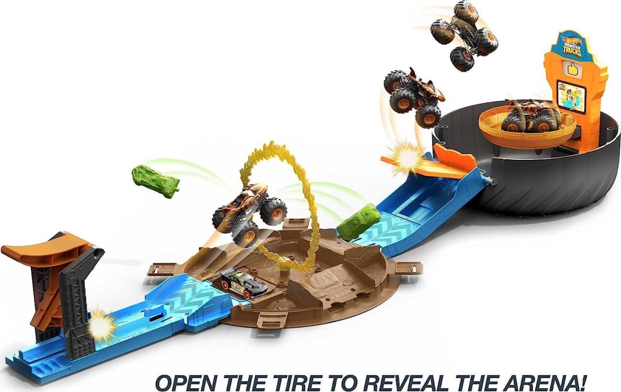 Игровой набор Hot Wheels Monster Trucks Stunt Tire с 3 игрушечными грузовиками-монстрами и 3 игрушечными машинками Hot Wheels в масштабе 1:64